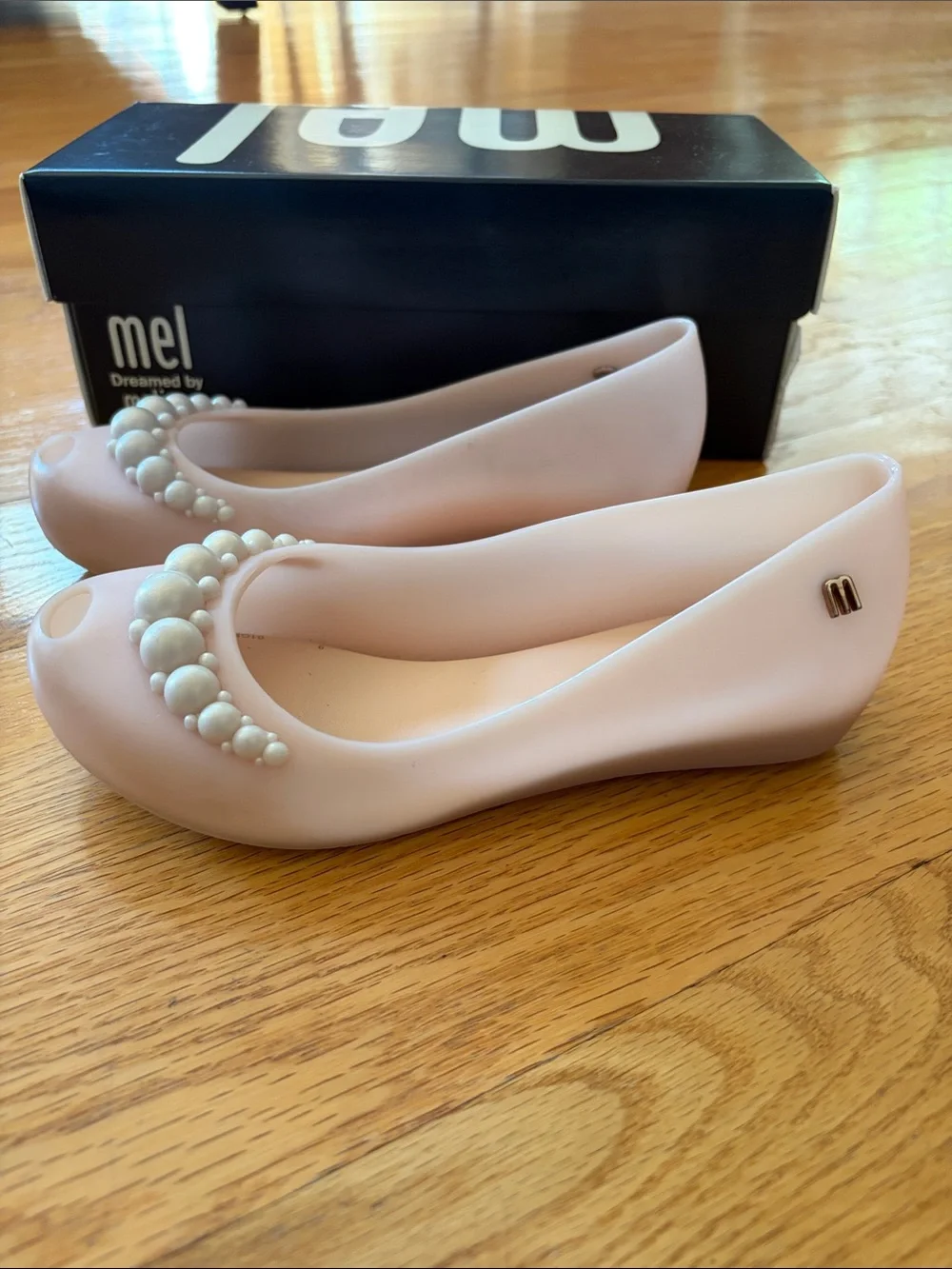 Mini Melissa Pink Pearl-Trim Jelly Flats